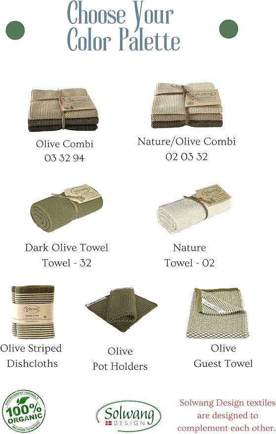 Solwang 3-Piece Danish Cotton Dishcloths in 100% Certified Organic Cotton Made in India (Olive Organic Combi)
