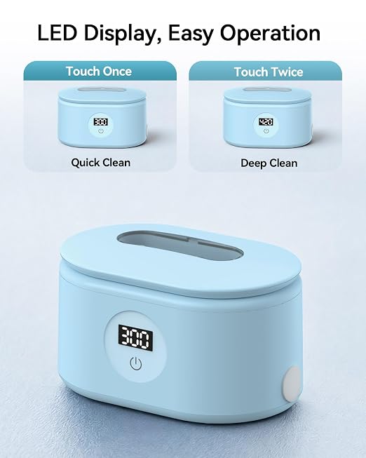 Ultrasonic Cleaner, 48KHz Ultrasonic Jewelry Cleaner with 20oz 304 Stainless Steel Tank, Dual Modes & LED Display - for Jewelry, Eyeglasses, Watches, Dentures, Retainers & More-Light Blue