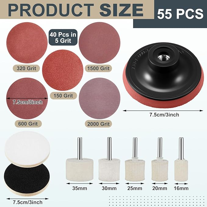 Teenyyou 55 Pcs Glass Polishing Kit Windshield Scratch Repair Kit Car Windscreen Glass Scratch Remover 120g Cerium Oxide Powder Wheels Polish Pads Sandpaper Window Repair Tool for Car Windscreen