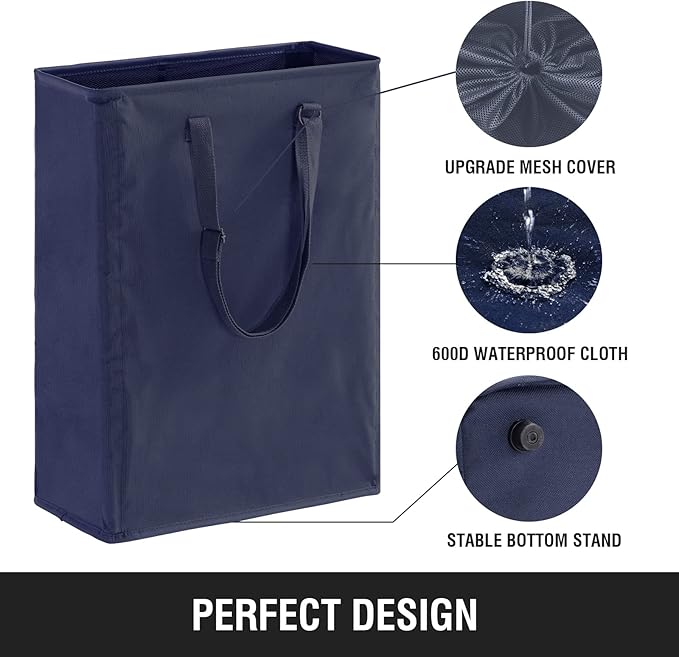 Slim Laundry Hamper with Adjustable Long Handles, 45L Small Laundry Baskets with Mesh Top, Narrow Dirty Clothes Hamper for Bedroom, Closet, and Bathroom - Navy