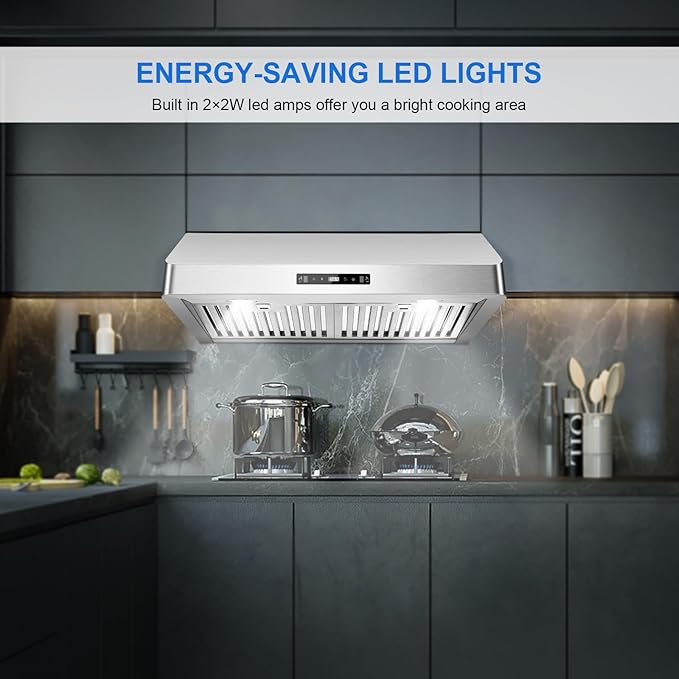 Under Cabinet Range Hood 30 inch, Kitchen Hood 900 CFM Stainless Steel with Gesture & Remote Control, 3-Speed Fan, Time Setting, Dishwasher Safe Baffle Filters, Range Hoods Ductless Convertible Duct