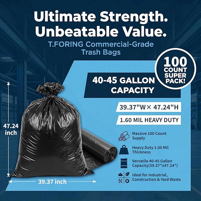 Large 40-45 Gallon Trash Bags Heavy Duty - 1.6 Mil Thick,39''x47'' Strong Black Garbage Bags Unscented 100 Count Trash Can Liners for Construction Industrial Yard Outdoor Commercial