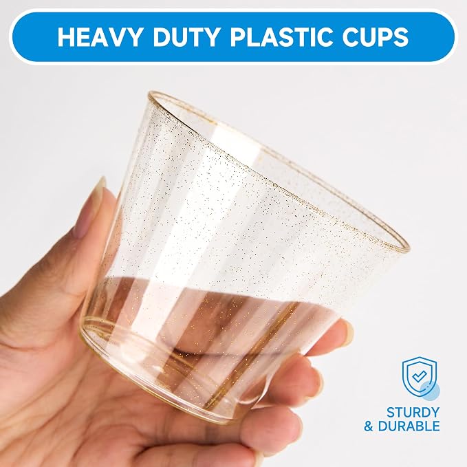 RACETOP 9 oz 100 Pack Gold Glitter Plastic Cups, Disposable Gold Glitter Clear Plastic Cups for Parties, Gatherings, Weddings, and Festival Events