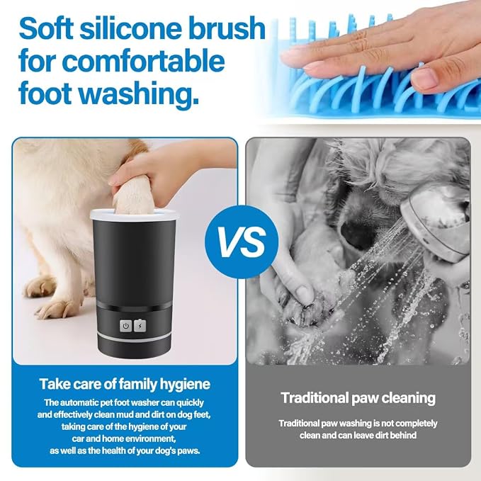 Rechargeable Automatic Dog Paw Cleaner, White - Portable Pet Paw Washer Cup with Soft Silicone Brush, 7.4V High Power, Suitable for Small to Medium Dog and Cat Grooming（Black)