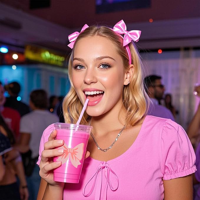 150 Pack Pink Bow Party Plastic Cups 12 oz Coquette Bow Disposable Drinking Cups for Bachelorette Bridal Shower Birthday Party Decorations