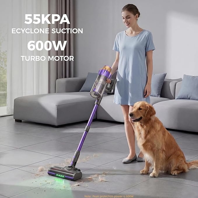 Cordless Vacuum Cleaner 1.8L Dustbin, 600W 55kPa 70Mins Stick Vacuum Cleaners for Home with Pet Brush, Self-Standing and Touch Screen, Vacuum Cordless for Pet Hair/Hardwood/Carpet/Car