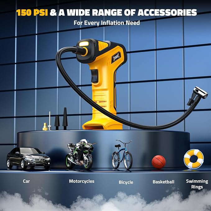 DIYtoolifz 150PSI Tire Inflator Portable Air Compressor: Cordless Air Pump Compatible with Dewalt 20V Battery - Car Tire Pump with Digital Pressure Gauge & LED Light for Auto, Motorcycles (Tool Only)