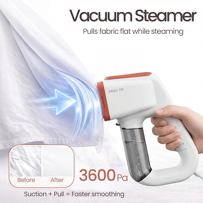 Vacuum Steamer for Clothes, 2000Pa&3600Pa Suction Handheld Clothes Steamer,2 in 1 Portable Travel Steamer for Clothes,Garment Steamer With 122ml Water Tank (for 110-120V) (Pearl White)