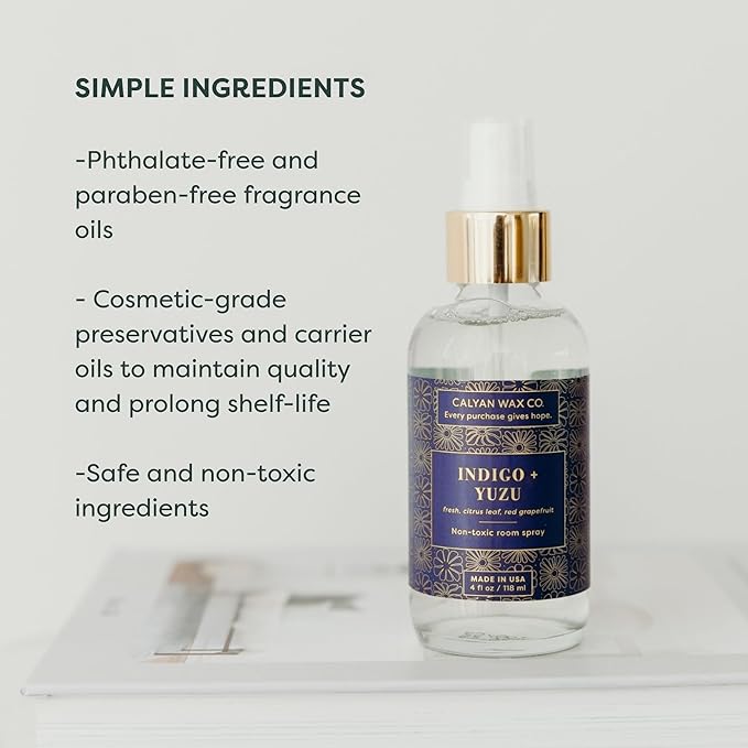 Calyan Wax Co. Indigo & Yuzu Room Spray - Non Toxic Air Freshener - Natural Room Deodorizer with Essential Oils - Air Freshener Spray for Home - 4 fl oz