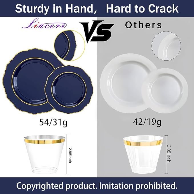 Liacere 350PCS Navy Blue Plastic Plates-Disposable Blue Gold Plates 50guest Plastic Dinnerware include 100Plates,50Pack Pre Rolled Napkins with Silverware 50Cups for Graduation & Independence Day