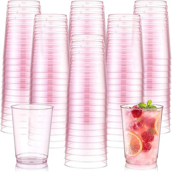 Teenyyou 150 Pcs Valentine's Day Pink Plastic Cups 10 oz Disposable Wedding Cups Heavy Duty Plastic Cup Fancy Cocktail Cup Drinking Tumbler for Valentine's Day Gatherings Parties Wedding