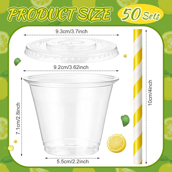 100 Pcs 9 oz Lemonade Stand Supplies, Lemonade Plastic Cups with Flat Lids Straws & Lemon Stickers, Clear Cold Beverage Paty Cup for Summer Birthday Party Lemon Decoration