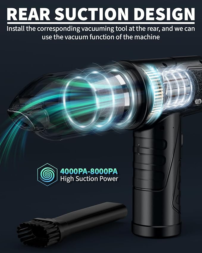 Powerful Compressed Air Duster for Deep Cleaning-Replace Compressed Air Can-No Canned Air Duster-Keyboard Cleaner-PC Cleaning-Rechargeable-3-Speeds-95000RPM Cordless Air Blower-Car Duster 8000mAh