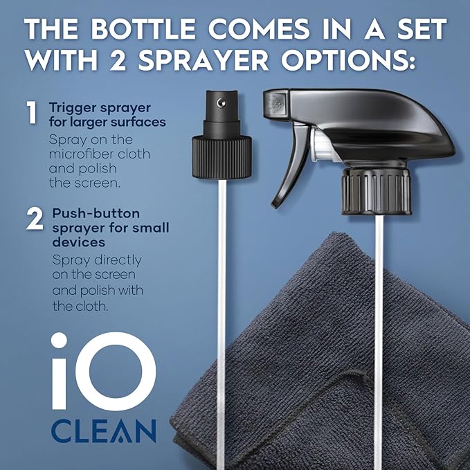 Screen Cleaner Spray (16oz + mini Cleaner) – Best Large Cleaning Kit for LCD LED OLED TV, Smartphone, iPad, Laptop, Touchscreen, Computer Monitor, Electronic Devices, Microfiber Cloth and 2 Nozzles