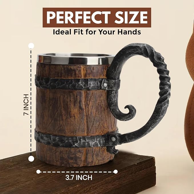 Rite Edge Viking Barrel Mug 550ml - Stainless Steel & Resin, Old Barrel Design, Rustic Medieval Drinking Mug, Durable Craftsmanship for Beer & Beverages