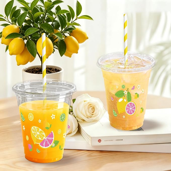 50 Sets Lemons Plastic Cups with Lids Straws 12 oz Yellow Pink Tropical Fruit Disposable Cups Summer Party Favor Drinking Beverage Cup for Baby Shower Birthday Party Supplies