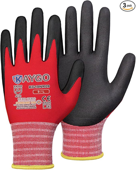 KAYGO Safety Work Gloves MicroFoam Nitrile Coated, 3 Pairs KG18NB,Seamless Knit Nylon Glove for Men and Women, Ideal for Automotive,Warehouse,Construction (L,Red)