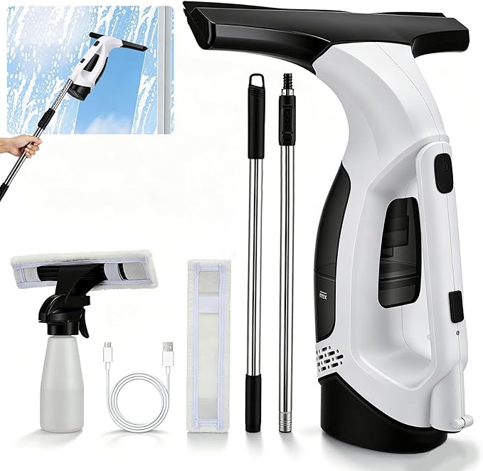 Window Vacuum Squeegee Cordless with Extension Pole 31-40", 2000Pa Window Cleaner Tool with 2200mAh & 150ml Dirty Water Tank, Reusable Cleaning Cloth Head, for Shower Door, High Window &Car Windshield
