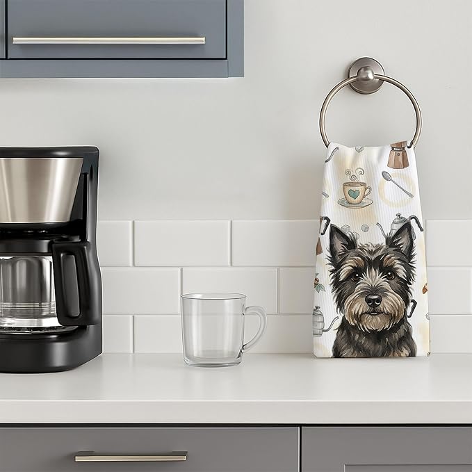 Caroline's Treasures Black Cairn Terrier Coffee Bar Kitchen Towel Velour Plush Front and Cotton Loop Back Machine Washable