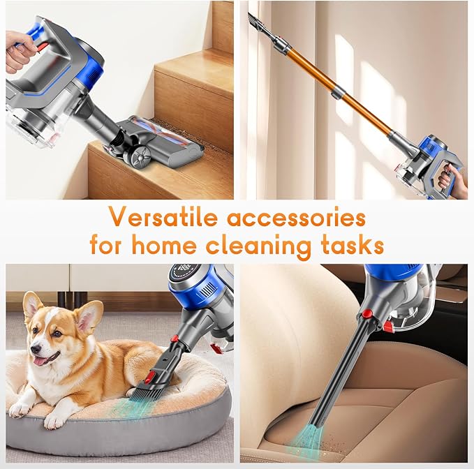 BSNAW Cordless Stick Vacuum Cleaner - Rechargeable, 35Kpa Powerful Vacuums with Detachable Battery Display, Max 45Mins Runtime, 8 in 1 Handheld Vacuum for Hardfloor & Carpets Pet Hair