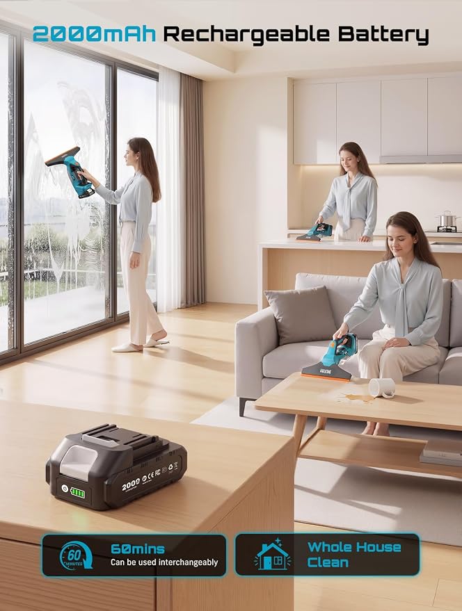 SEESII Cordless Window Vacuum Squeegee, 2000Pa Electric Window Squeegee, 60Mins Battery Life with 11" and 6.7" Squeegees for Mirrors, Glass, Tiles