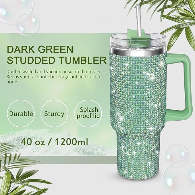 HWISDMIG 40oz Tumbler with Handle-Glitter Rhinestones Tumbler Bling Cups Stainless Steel Water Bottle Diamond Studded Tumbler for Women-Birthday Gifts for Women, Mom, Girlfriend (Dark Green)