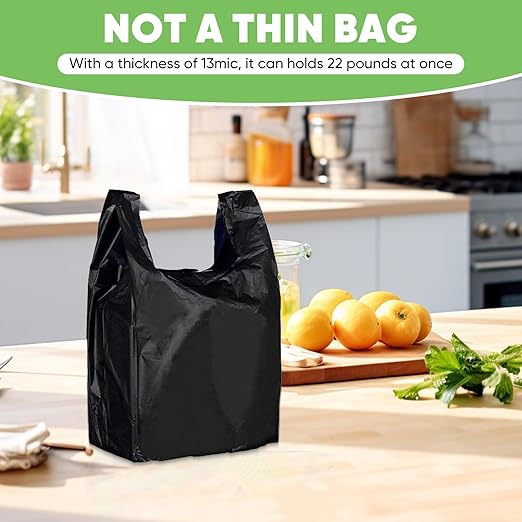 LainNeala Black Plastic Bags (11.5'x 6.5" x 21')(1000Pack) with Handles - Shopping & Grocery Bags for Small Business, Restaurants in Bulk