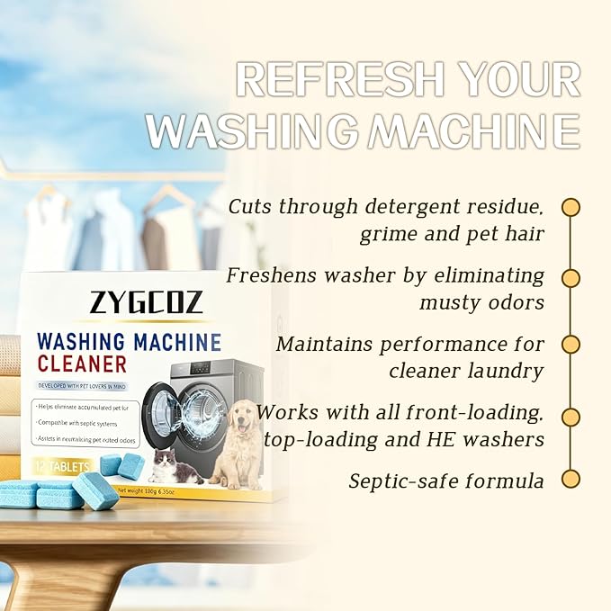 Washing Machine Cleaner Tablets, 36 Tablets (18 Months), Works in HE, Top Load, and Front Load Washers, Helps Reduce Pet Hair and Stubborn Residue, Unscented (3)