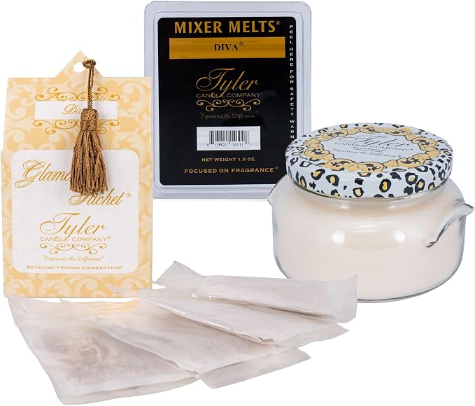 Elanze Designs Tyler Candle Diva Mixer Melts - 22 Ounce Glass Jar Candle - Scented Laundry Sachet Bundle; Set of 3