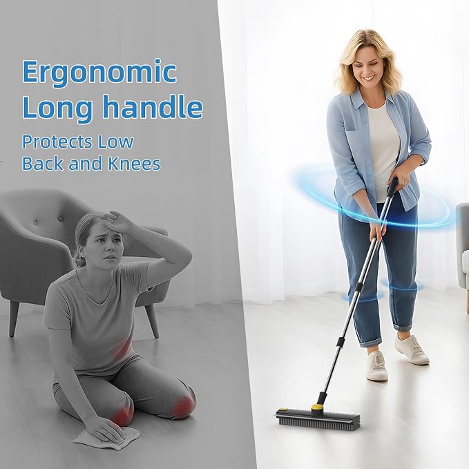 Scrub Brush with Long Handle, Floor Scrub Brush Squeegee Broom for Cleaning, 3 in 1 Shower Scrubber Floor Broom Squeegee for Concrete Tile Wall Deck Patio Special Black