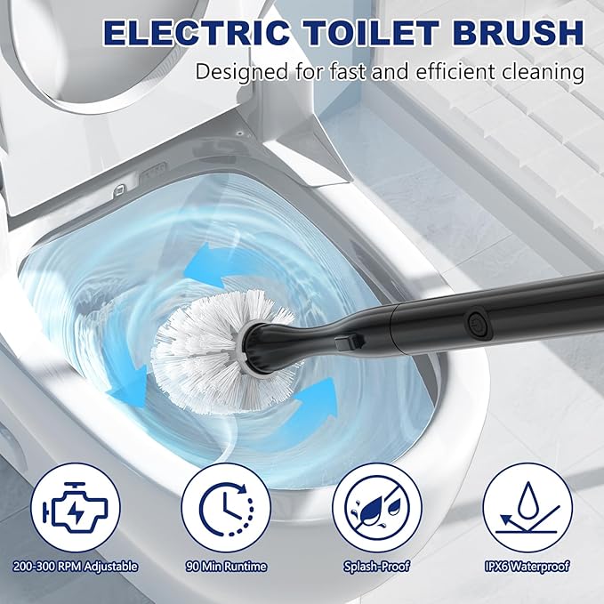Electric Toilet Brush and Holder Set Electric Toilet Bowl Brush Toilet Brush Cleaner Set with 5 Refills Disposable Cleaner Brush Floor Standing Wall Mounted Without Drilling Rechargeable Black