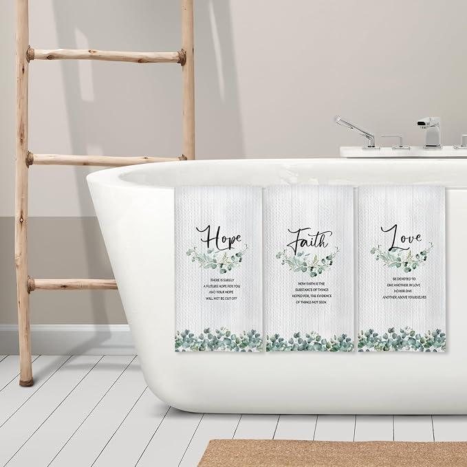 Faith Hope Love Christian Kitchen Towels, Sage Green Eucalyptus Religious Hand Towels for Bathroom Decor, Bible Verse Decor Dish Tea Towels for Kitchen Decor, 16x24 Inch Set of 3