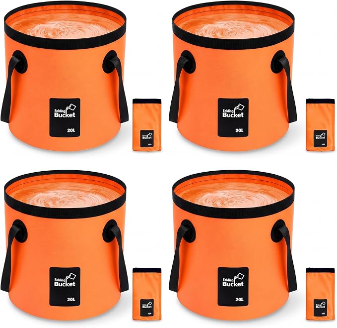 5 Gallon 4 Pack Collapsible Bucket, Foldable Water Bucket with Handles, Portable Camping Buckets for Fishing, Hiking, Cleaning, Outdoor & Travel Use (Orange)