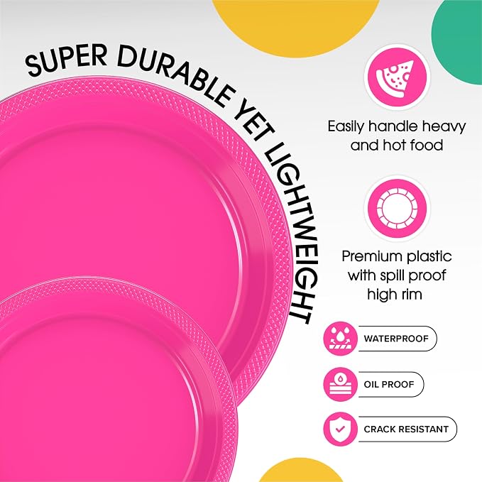 Exquisite Party Solids Hot Pink Plates Disposable Hot Pink Plastic Plates 100 Pieces - 50-7" & 50-9" Heavy Duty 350 GSM Disposable Dinnerware Sets, Plastic Dinnerware Sets