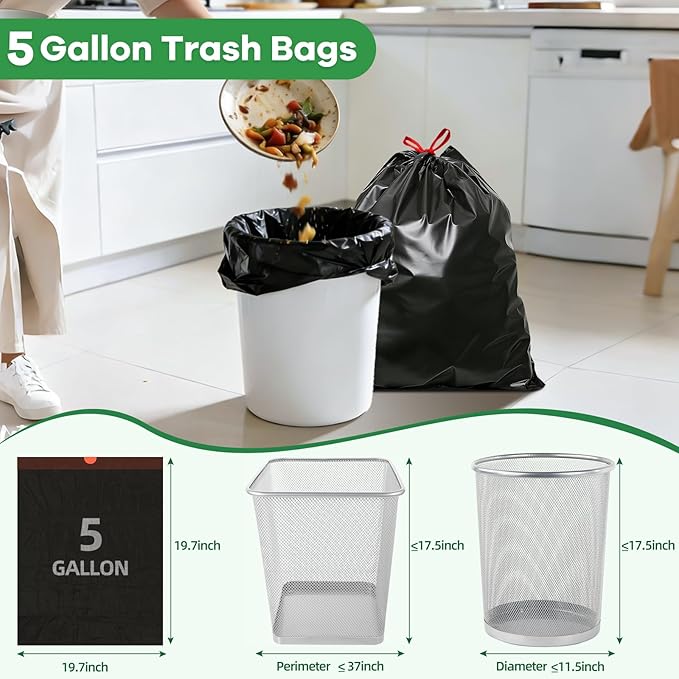 220 Counts 5 Gallon Trash Bag Drawstring Small Trash Bags, Thick Pre-separated Garbage Bags, Trash Bin Liners, Suitable for bathroom, kitchen, bedroom, office (Black)