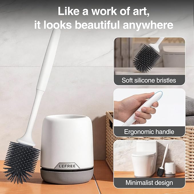 Lefree Silicone Toilet Brush and Holder, Bathroom Cleaner Brush Set, Non-Slip Handle Toilet Bowl Brush with TPR Soft Bristle, Wall Mounted/Floor Standing