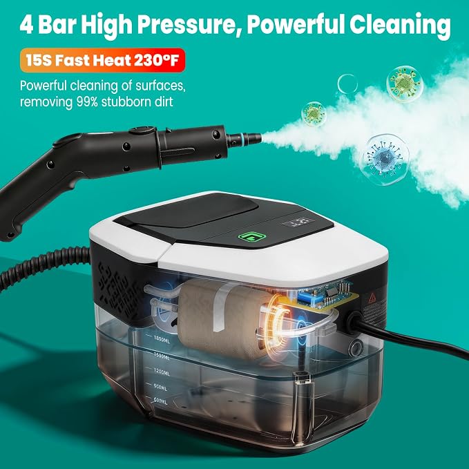 Portable Handheld Steam Cleaner, 4Bar High Pressure Steamer, 15s Fast Heat Up, 3Level Adjustable Handle, 1800ml Large Tank, 20 Accessories for Home, Car Detailing, Grout, Tile, Carpet Cleaning