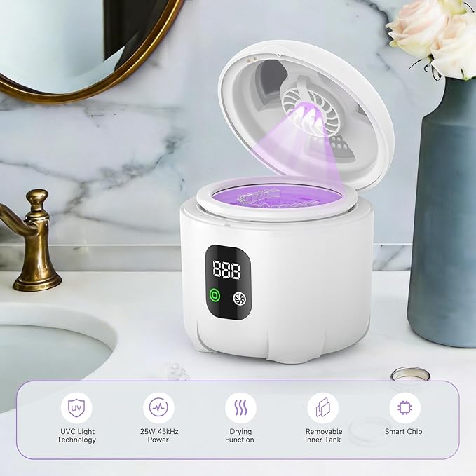 Ultrasonic Retainer Cleaner 25W Portable Ultrasonic Denture Cleaner Multi-Mode 45KHz with Drying and Removable Inner for Dental Trays, Braces, Jewelry, Toothbrushes, Mouth Guards, Aligners,Ring White