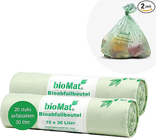 bioMat Compostable Trash Bags 8 Gallon, 20 Count, Medium flat top Kitchen Food Scrap Bin Liners, BPI, CMA and OK Compost HOME certified, Meets the ASTM D6400 Standard