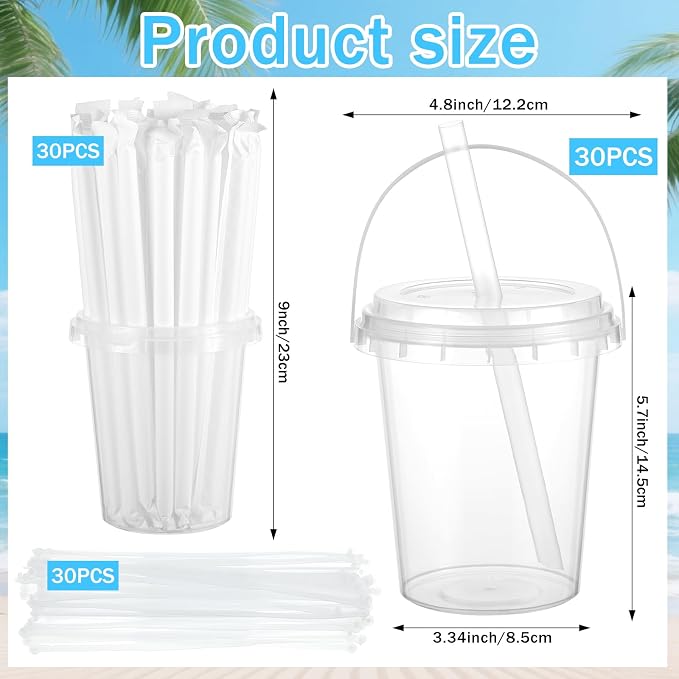 50 Sets Clear Plastic Drink Buckets with Lids Straws and Handles 34 oz Disposable Ice Cream Cups Cocktail Drinking Buckets for Outdoor Holiday Travel Beach Birthday Party Supplies