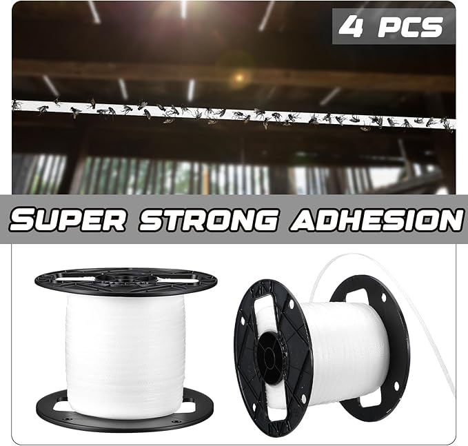 Qualirey 4 Pcs Sticky Fly Tape Roll 1000 ft Fly Ribbon Line Kit Housefly Reel Hanging Sticky Tape Trap Disposable Bug Strip for Barns Home Indoor Outdoor, Non-Toxic (White)