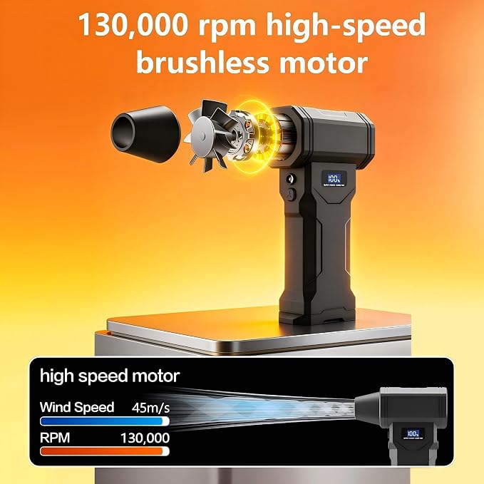 130000RPM Compressed Air Duster, 45m/s Handheld Turbo Blower, 4 Speed Adjustable Mini Electric Air Duster with LED Light & 5 Nozzles for Computer, Keyboard, Car, Camping Cleaning & Inflation
