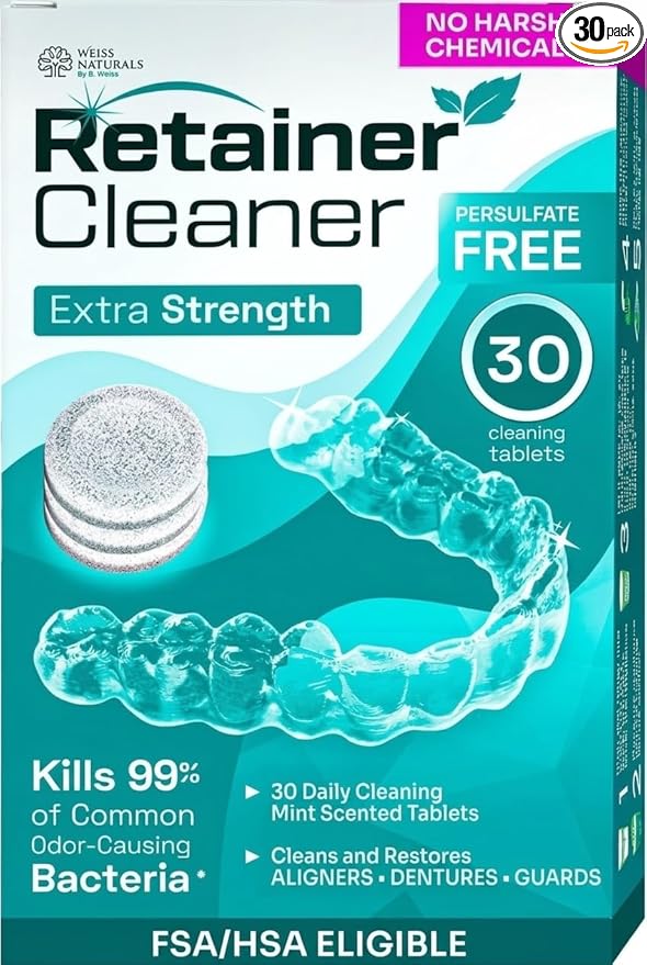 Weiss Naturals Retainer Cleaner Tablets, Invisalign Cleaner, Remove Stains, Odors & Plaque, PERSULFATE FREE Night Guard & Denture Cleaner 1-Month Supply, 30 Mint Scented Tablets