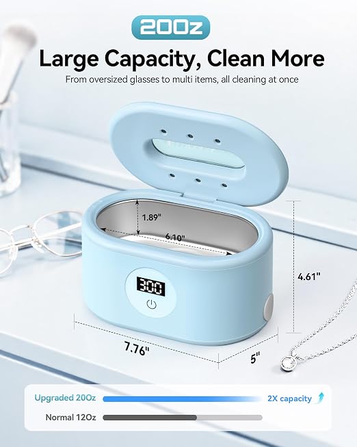 Ultrasonic Cleaner, 48KHz Ultrasonic Jewelry Cleaner with 20oz 304 Stainless Steel Tank, Dual Modes & LED Display - for Jewelry, Eyeglasses, Watches, Dentures, Retainers & More-Light Blue
