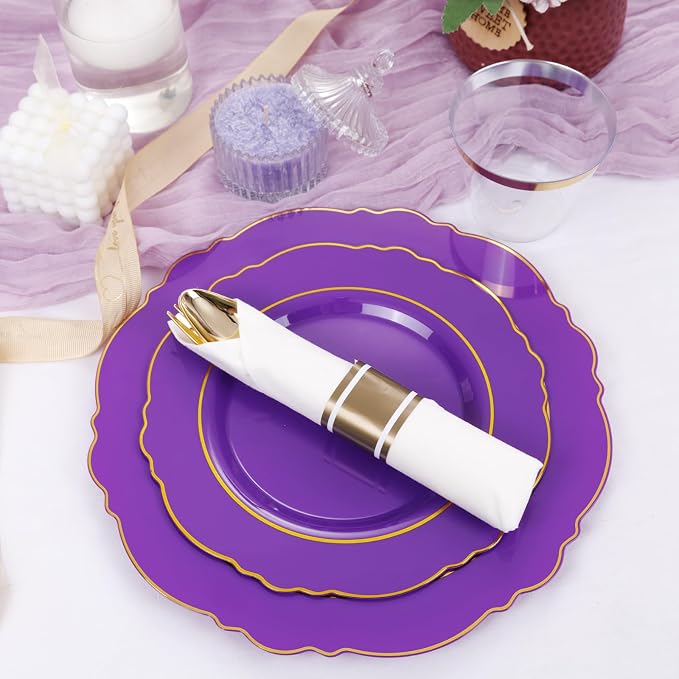 Liacere 350PCS Purple Plastic Plates-Disposable Purple and Gold Plates 50 guest Baroque Plastic Dinnerware include 100Plates,50Pack Pre Rolled Napkins with Silverware 50Cups for Wedding & Party