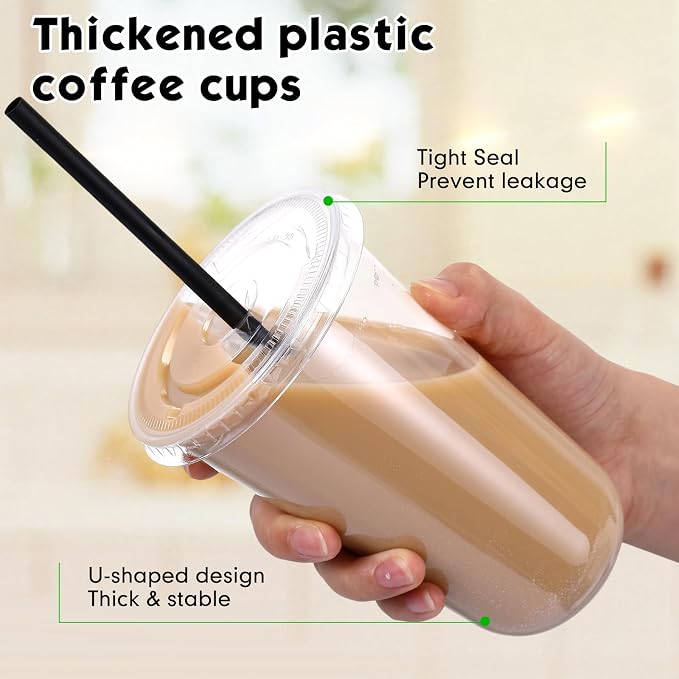 Ziliny 50 Set Clear Plastic Cups with Lids and Straws, Disposable Iced Coffee PET Cups for Drinking Cold Beverage Juice Parfait Smoothie Milkshake Coffee Shops Party Supplies (18 oz)
