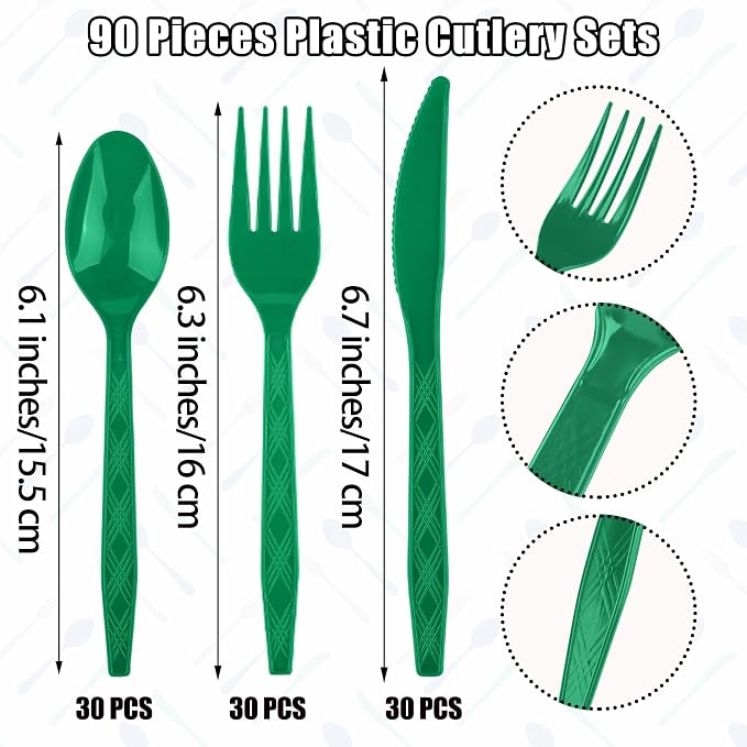Kochorie 90 Pieces Dark Green Plastic Cutlery Set Disposable Plastic Utensils Heavy Duty Flatware Set Includes 30 Knives 30 Forks 30 Spoons for Birthday Graduation Party, Picnic