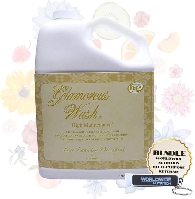 Worldwide Nutrition Bundle Compatible with Tyler Candle Company Glamorous Wash High Maintenance Scent Fine Laundry Liquid Detergent - Hand and Machine Washable - 1 Gal (3.78 L) Container with Keychain