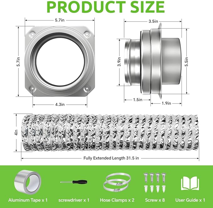 Magnetic Dryer Vent Connector Kit, Quick Connect & Easy Clean Dryer Vent Coupling with 4" Duct & Clamps for Family Home Safety