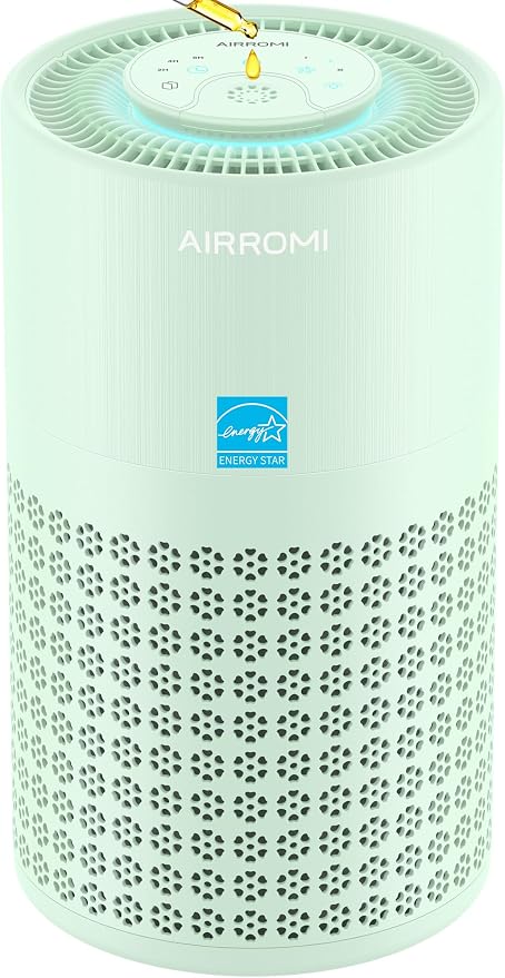 AIRROMI Air Purifier for Bedroom with HEPA 3-in-1 Filter, Pet Air Purifier for Home Cat Pee Smell, Covers Upto 990 Ft², Quiet 360°intake Air Cleaner for pet hair,allergies,Dust,Smoke A2001 Green